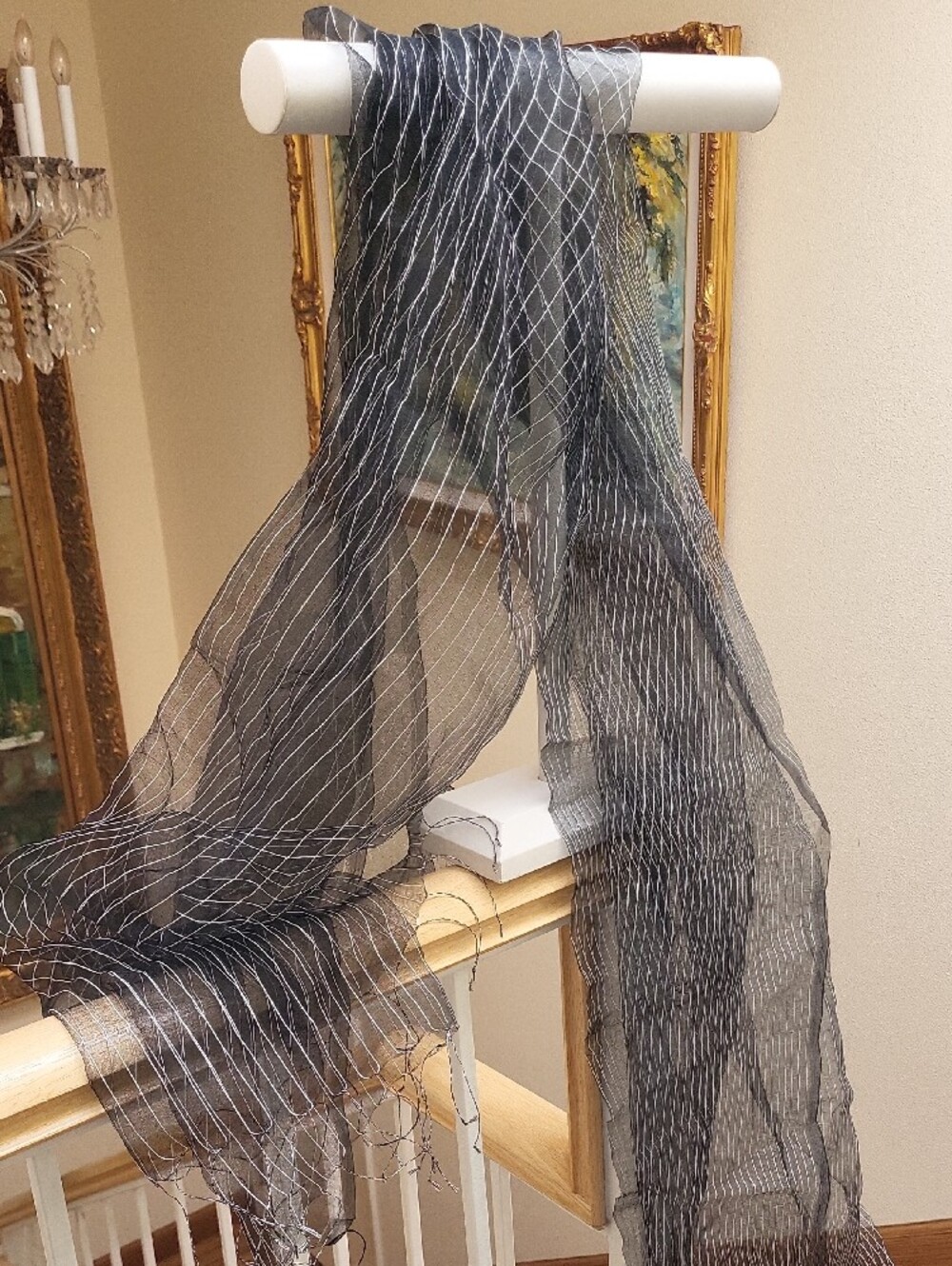 Black Sheer Scarf with Subtle White Pinstripe - Women's Wrap